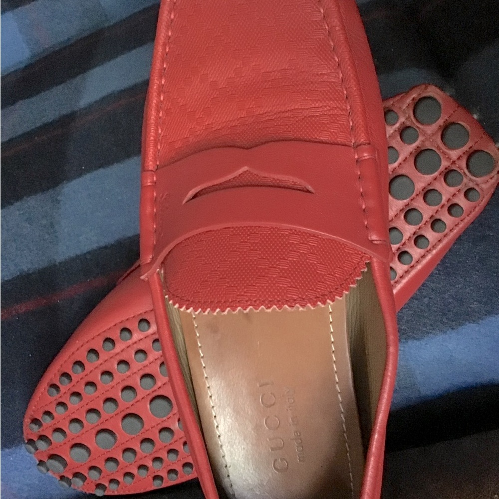 Gucci men’s red leather slip on loafers, size 9.